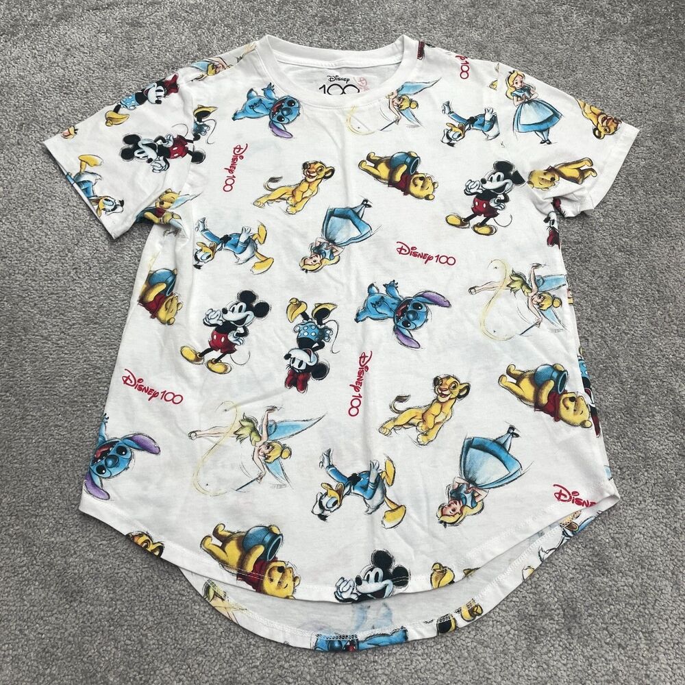 Disney 100 Graphic T-Shirt Juniors Lathe White Crew Neck Short Sleeve Casual Tee